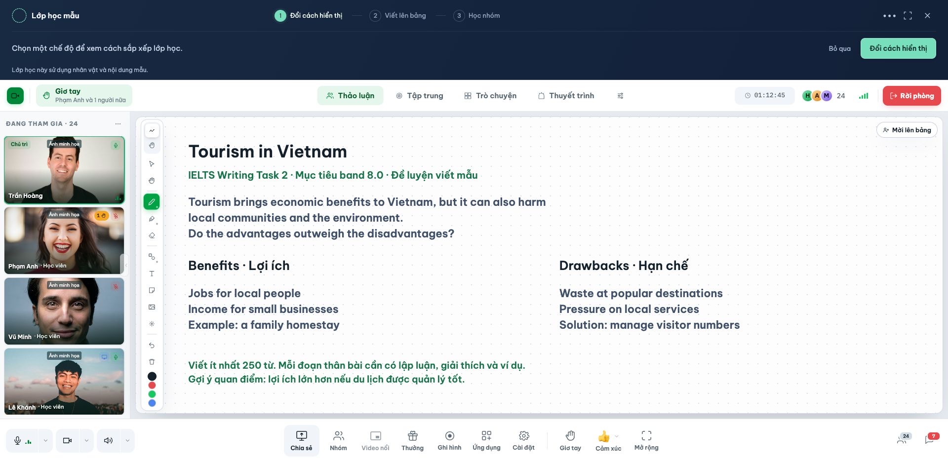 Lớp học OMeet mẫu với bảng viết IELTS và danh sách người tham gia