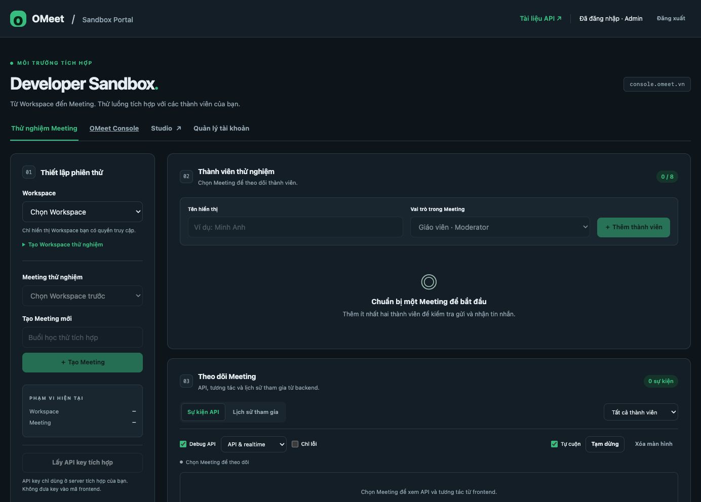 OMeet Sandbox ở màn hình chuẩn bị phiên thử, với phần chọn Workspace và thiết lập người tham gia.